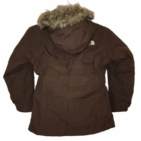 North Face Hyvent Girls Down Jacket Brown Faux Fur Trim Hooded Belt Zip Small - Picture 3 of 10
